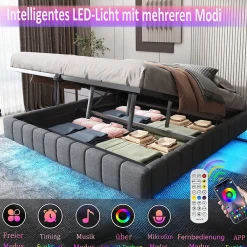 Okwish Lit Coffre 180x200 cm - Lit Double avec Rangement, Sommier Relevable, Bande LED Intégrée - Tissu Gris - Sans Matelas* Lit Coffre