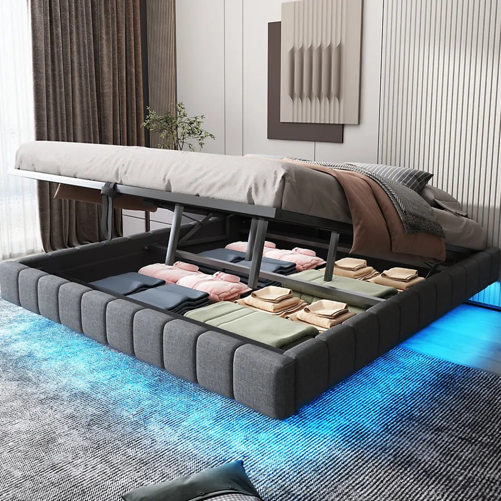 Okwish Lit Coffre 180x200 cm - Lit Double avec Rangement, Sommier Relevable, Bande LED Intégrée - Tissu Gris - Sans Matelas* Lit Coffre