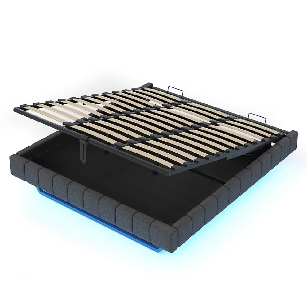 Okwish Lit Coffre 180x200 cm - Lit Double avec Rangement, Sommier Relevable, Bande LED Intégrée - Tissu Gris - Sans Matelas* Lit Coffre