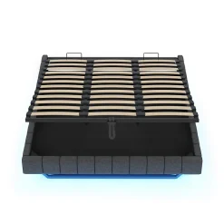 Okwish Lit Coffre 180x200 cm - Lit Double avec Rangement, Sommier Relevable, Bande LED Intégrée - Tissu Gris - Sans Matelas* Lit Coffre