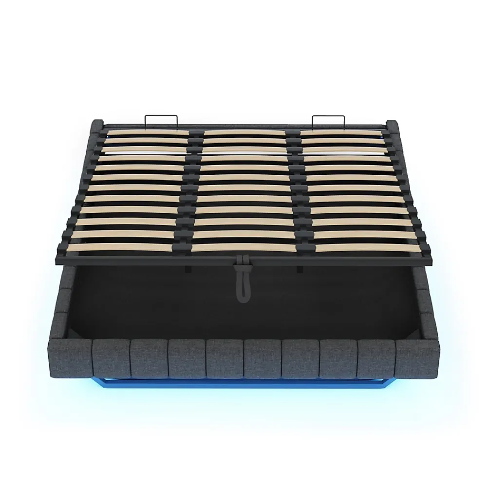 Okwish Lit Coffre 180x200 cm - Lit Double avec Rangement, Sommier Relevable, Bande LED Intégrée - Tissu Gris - Sans Matelas* Lit Coffre