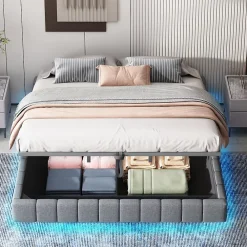 Okwish Lit Coffre 180x200 cm - Lit Double avec Rangement, Sommier Relevable, Bande LED Intégrée - Tissu Gris - Sans Matelas* Lit Coffre