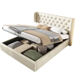 Okwish Lit coffre 160x200 cm - Lit double avec sommier à lattes et coffre hydraulique - Velours - Sans Matelas - Beige* Lit Coffre
