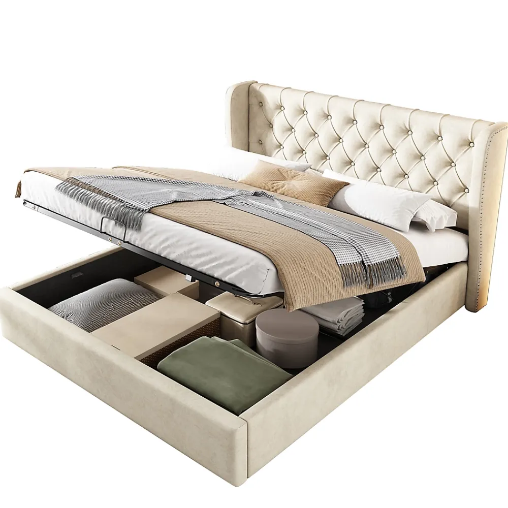 Okwish Lit coffre 160x200 cm - Lit double avec sommier à lattes et coffre hydraulique - Velours - Sans Matelas - Beige* Lit Coffre