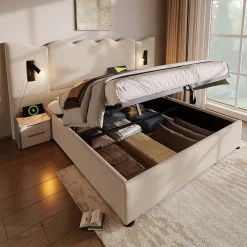 Lit Coffre 180x200 cm - Lit Double Capitonné avec Lampe de Lecture et Charge USB Type-C - Lin Beige - Sans Matelas>Generique Outlet