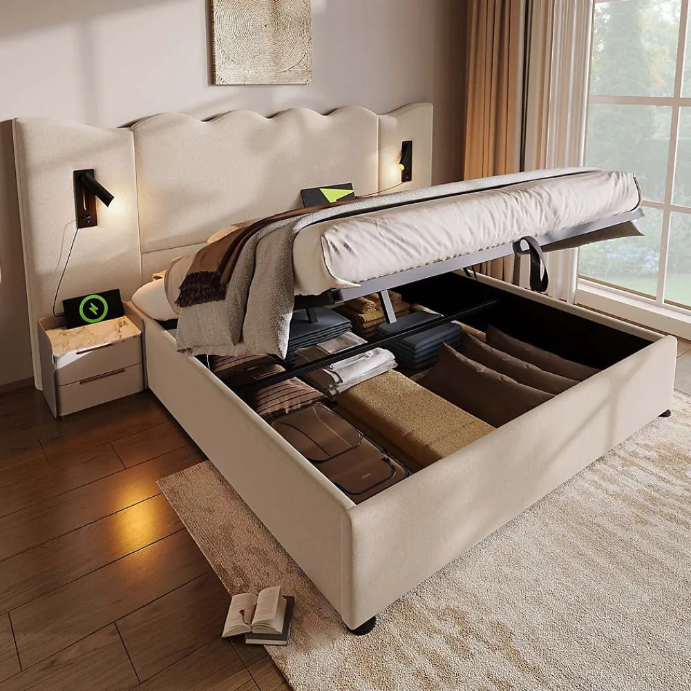 Lit Coffre 180x200 cm - Lit Double Capitonné avec Lampe de Lecture et Charge USB Type-C - Lin Beige - Sans Matelas>Generique Outlet