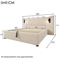 Lit Coffre 180x200 cm - Lit Double Capitonné avec Lampe de Lecture et Charge USB Type-C - Lin Beige - Sans Matelas><noscript><img width=
