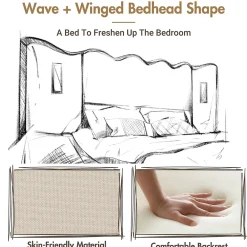 Lit Coffre 180x200 cm - Lit Double Capitonné avec Lampe de Lecture et Charge USB Type-C - Lin Beige - Sans Matelas><noscript><img width=