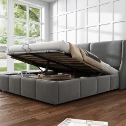 Okwish Lit coffre 140x200 cm - Lit double capitonné avec tête de lit oreille - Velours - Sans Matelas - Gris* Lit Coffre