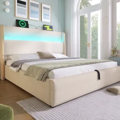 Okwish Lit Coffre 160x200 cm - Lit Double avec Sommier Relevable et Rangement - Ports USB Type-C - Tissu Lin Beige - Sans Matelas* Lit Coffre