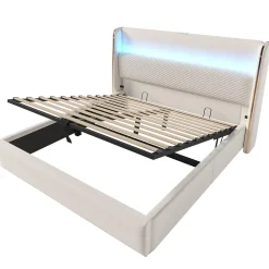 Okwish Lit Coffre 160x200 cm - Lit Double avec Sommier Relevable et Rangement - Ports USB Type-C - Tissu Lin Beige - Sans Matelas* Lit Coffre