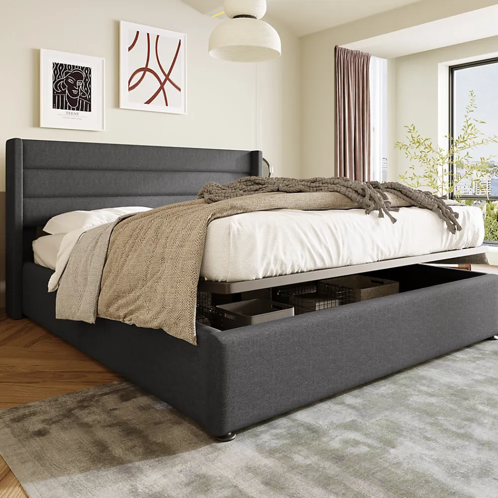 Lit coffre 160x200 cm - Lit double rembourré Gris avec sommier à lattes - Lin - Sans Matelas>Okwish Discount