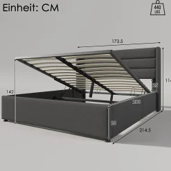 Lit coffre 160x200 cm - Lit double rembourré Gris avec sommier à lattes - Lin - Sans Matelas><noscript><img width=