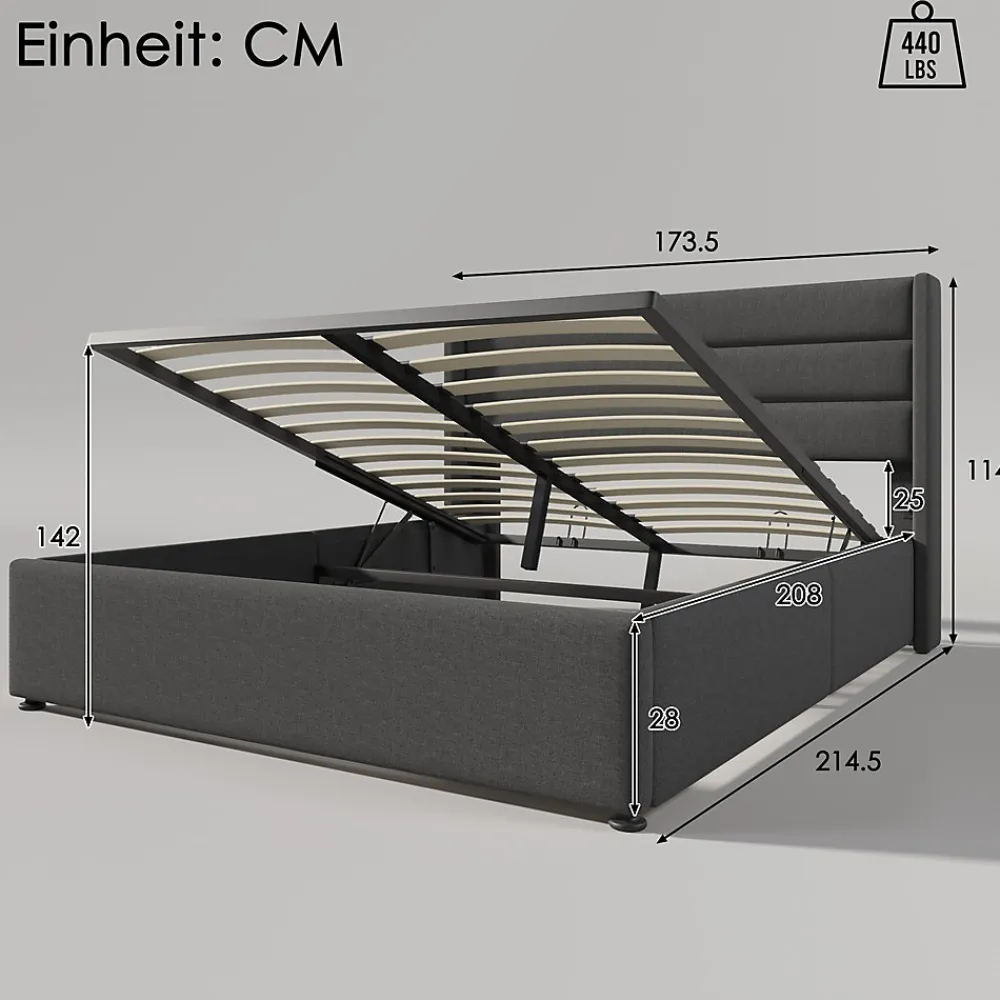 Lit coffre 160x200 cm - Lit double rembourré Gris avec sommier à lattes - Lin - Sans Matelas>Okwish Discount