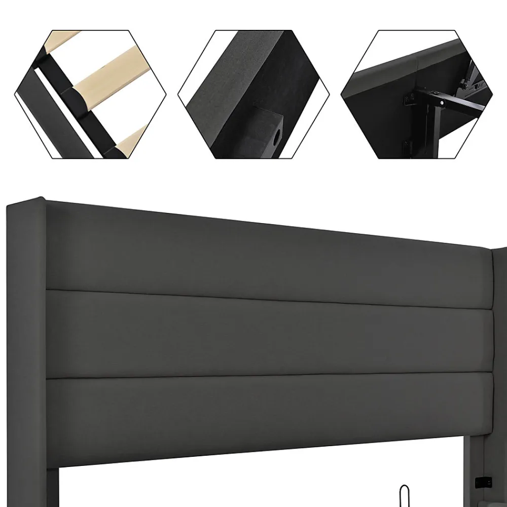 Lit coffre 160x200 cm - Lit double rembourré Gris avec sommier à lattes - Lin - Sans Matelas>Okwish Discount