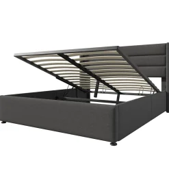 Lit coffre 160x200 cm - Lit double rembourré Gris avec sommier à lattes - Lin - Sans Matelas><noscript><img width=