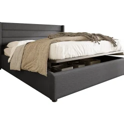 Lit coffre 160x200 cm - Lit double rembourré Gris avec sommier à lattes - Lin - Sans Matelas><noscript><img width=
