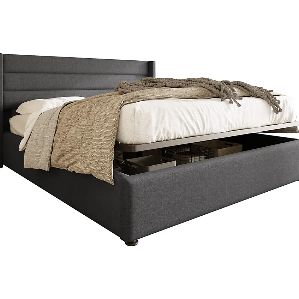 Lit coffre 160x200 cm - Lit double rembourré Gris avec sommier à lattes - Lin - Sans Matelas>Okwish Discount