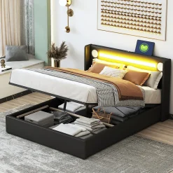 Lit Coffre 140x200 cm - Lit Double capitonné avec LED, Bluetooth et USB, Coffre en Simili Cuir Noir>Okwish New