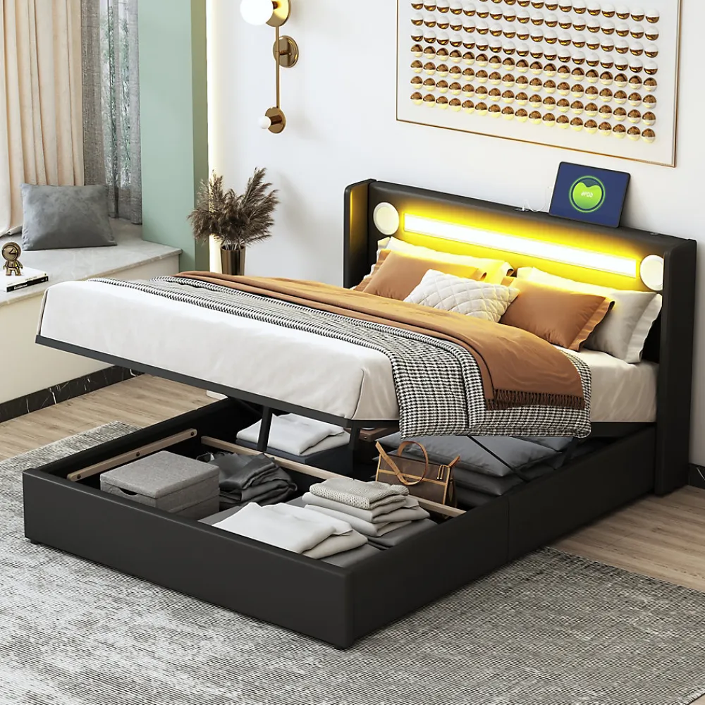 Lit Coffre 140x200 cm - Lit Double capitonné avec LED, Bluetooth et USB, Coffre en Simili Cuir Noir>Okwish New