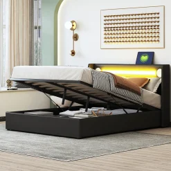 Lit Coffre 140x200 cm - Lit Double capitonné avec LED, Bluetooth et USB, Coffre en Simili Cuir Noir><noscript><img width=