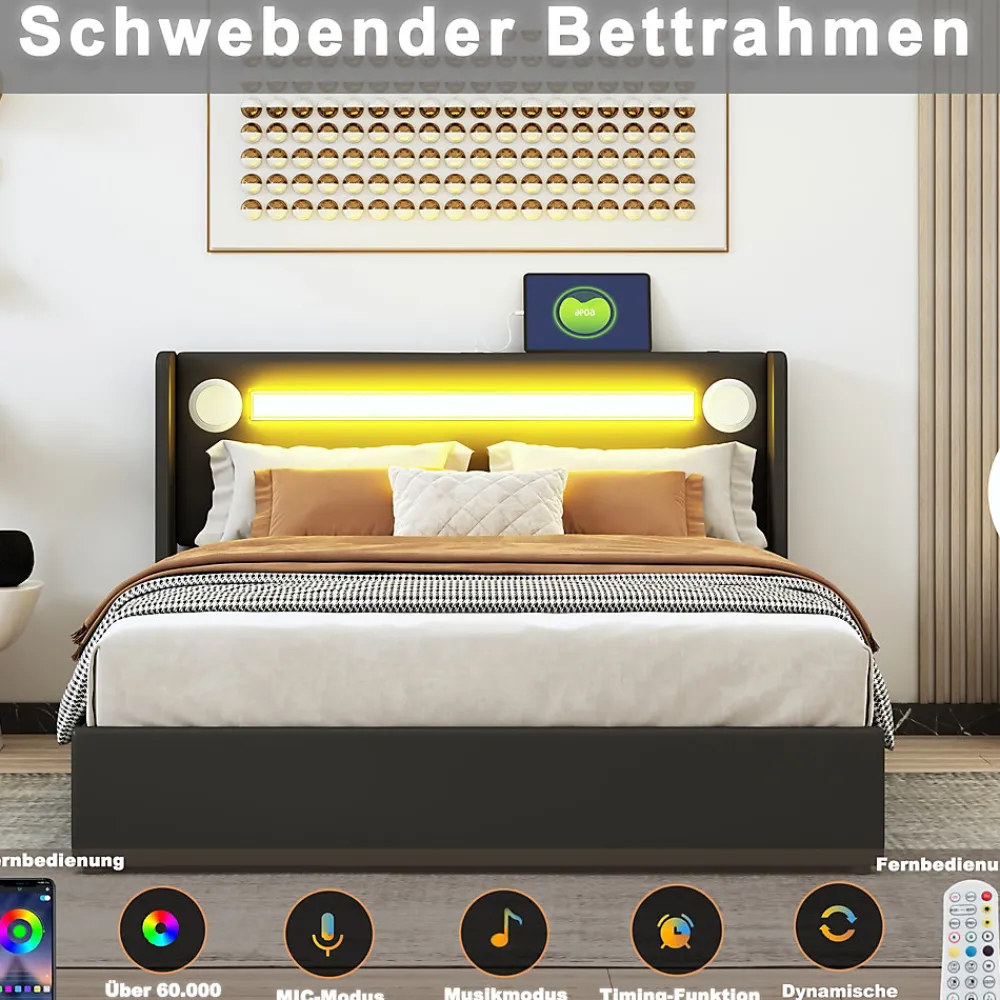 Lit Coffre 140x200 cm - Lit Double capitonné avec LED, Bluetooth et USB, Coffre en Simili Cuir Noir>Okwish New