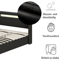 Lit Coffre 140x200 cm - Lit Double capitonné avec LED, Bluetooth et USB, Coffre en Simili Cuir Noir><noscript><img width=