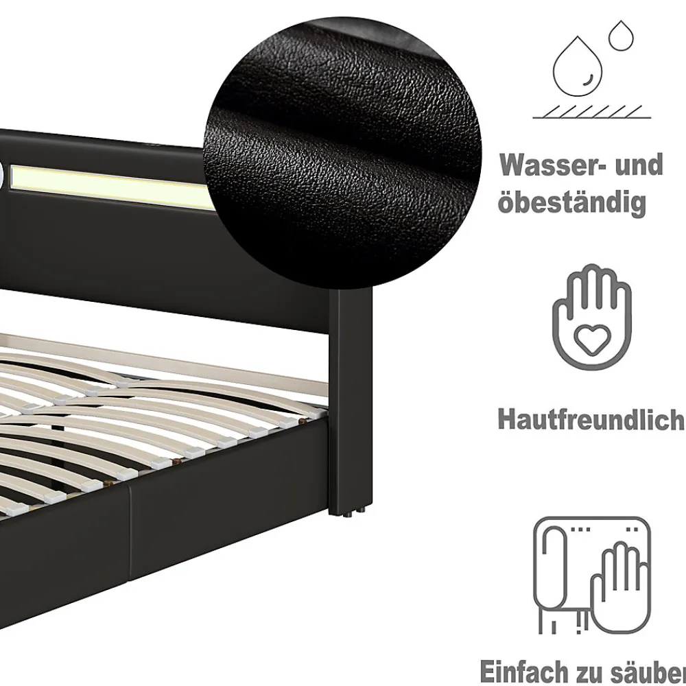 Lit Coffre 140x200 cm - Lit Double capitonné avec LED, Bluetooth et USB, Coffre en Simili Cuir Noir>Okwish New