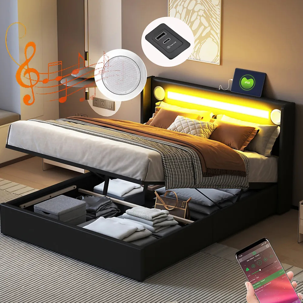 Lit Coffre 140x200 cm - Lit Double capitonné avec LED, Bluetooth et USB, Coffre en Simili Cuir Noir>Okwish New