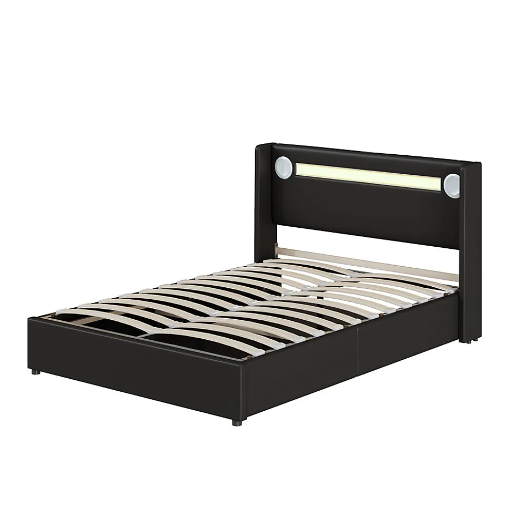 Lit Coffre 140x200 cm - Lit Double capitonné avec LED, Bluetooth et USB, Coffre en Simili Cuir Noir>Okwish New