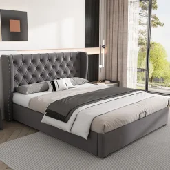 Lit coffre 140x200 cm - Lit double avec sommier à lattes et Coffre hydraulique - Capitonné Velours - Sans Matelas - Gris>Generique Online