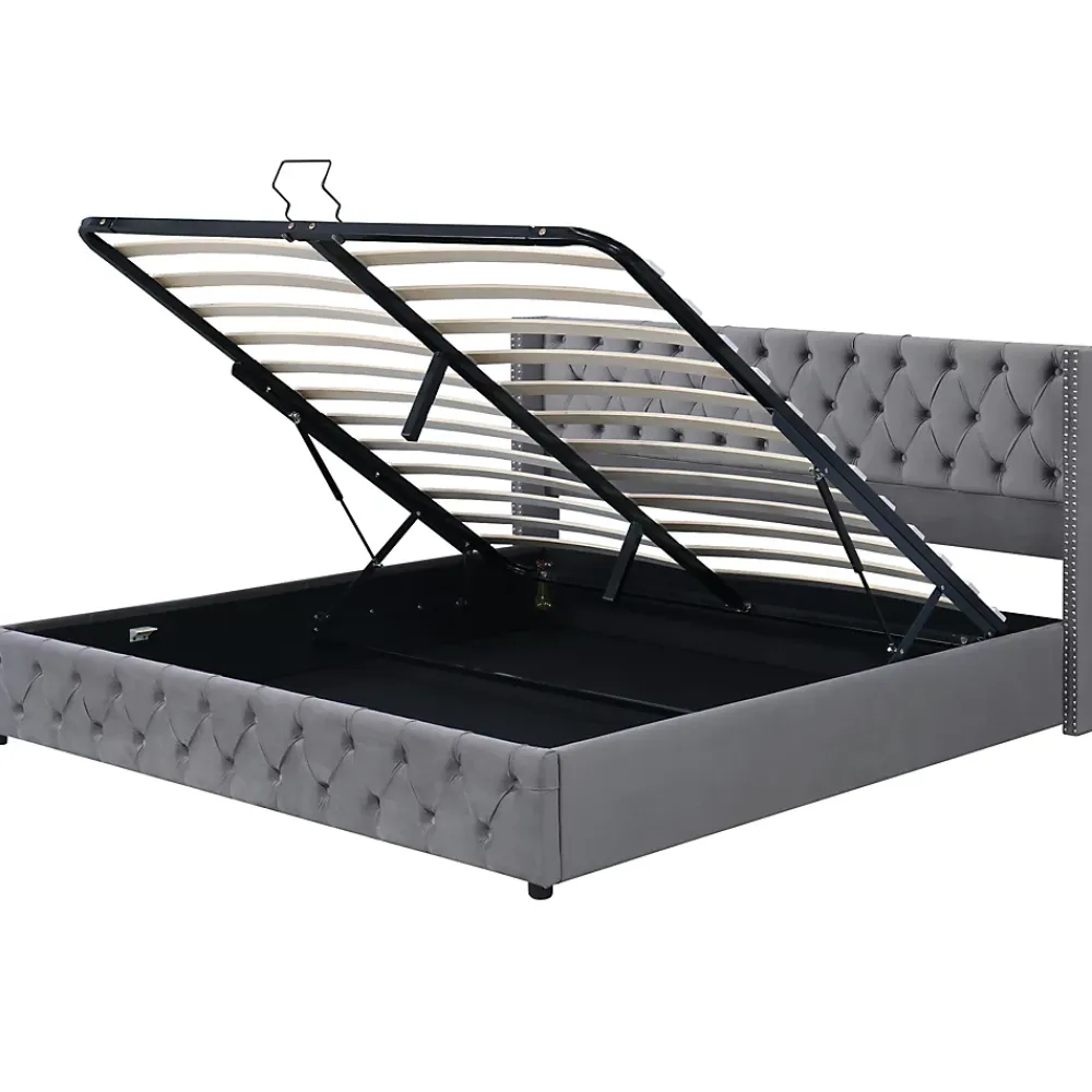 Okwish Lit Coffre 180x200 cm - Lit Double Capitonné avec Rangement Hydraulique, Velours, Sans Matelas, Gris* Lit Coffre