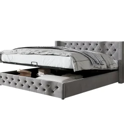 Okwish Lit Coffre 180x200 cm - Lit Double Capitonné avec Rangement Hydraulique, Velours, Sans Matelas, Gris* Lit Coffre