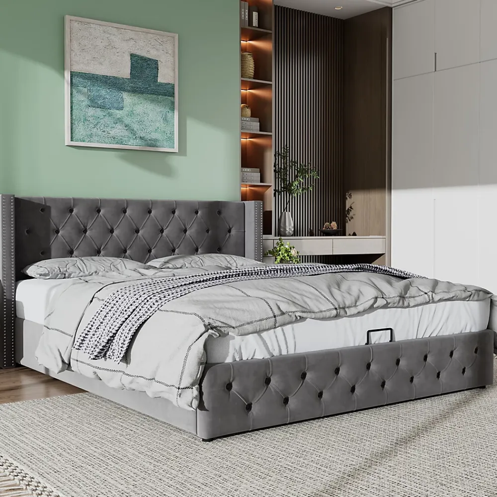 Okwish Lit Coffre 180x200 cm - Lit Double Capitonné avec Rangement Hydraulique, Velours, Sans Matelas, Gris* Lit Coffre