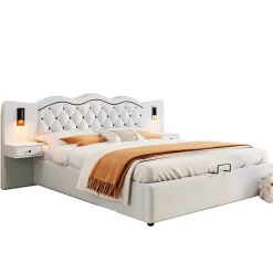 Okwish Lit Coffre 180x200 cm - Lit Double avec Tête de Lit Intégrée et 2 Lampes - Lin - Sans Matelas - Beige* Lit Coffre