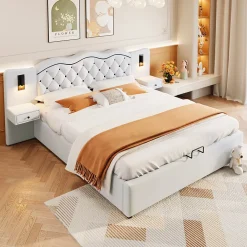 Okwish Lit Coffre 180x200 cm - Lit Double avec Tête de Lit Intégrée et 2 Lampes - Lin - Sans Matelas - Beige* Lit Coffre