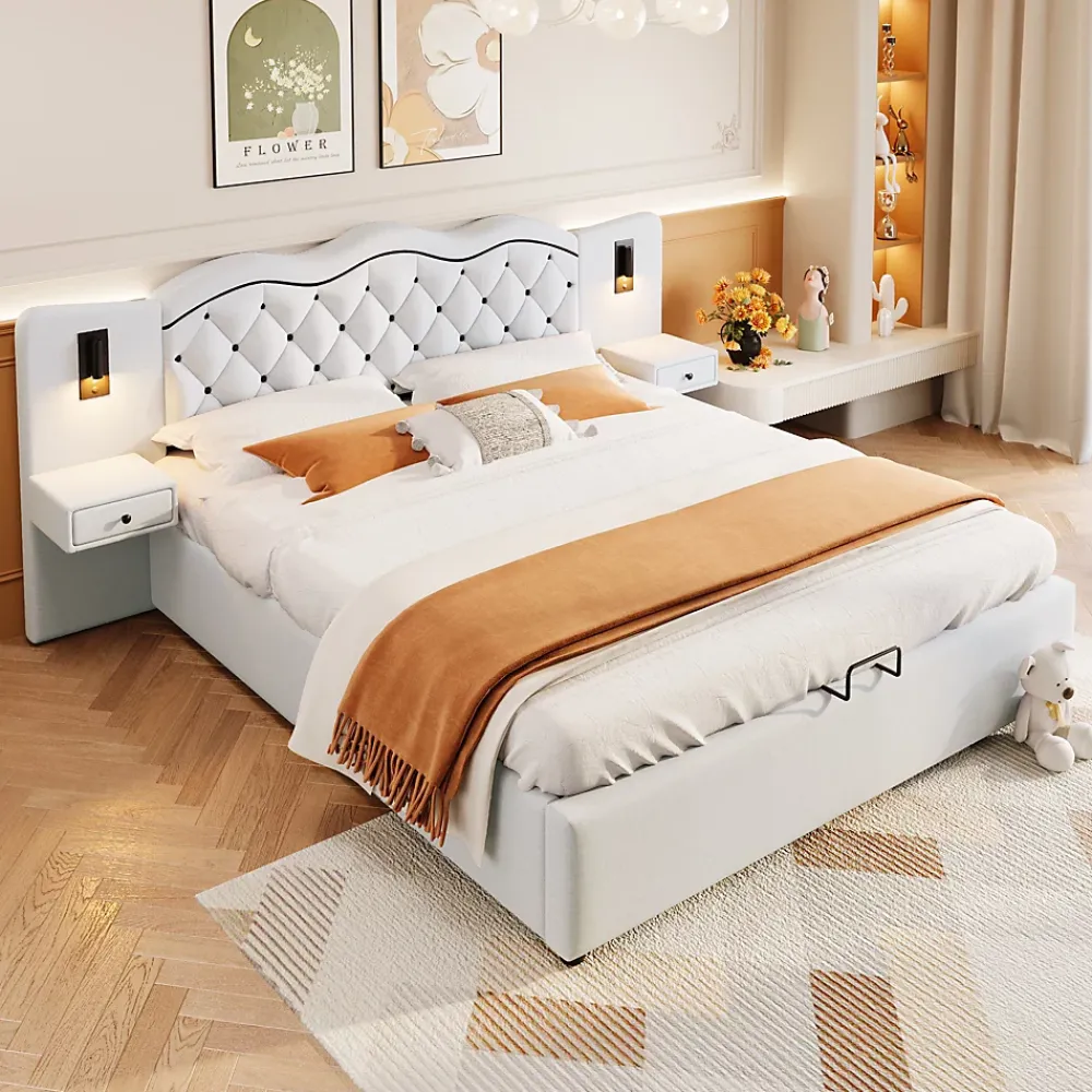 Okwish Lit Coffre 180x200 cm - Lit Double avec Tête de Lit Intégrée et 2 Lampes - Lin - Sans Matelas - Beige* Lit Coffre