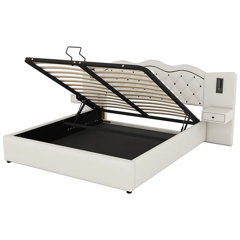 Okwish Lit Coffre 180x200 cm - Lit Double avec Tête de Lit Intégrée et 2 Lampes - Lin - Sans Matelas - Beige* Lit Coffre
