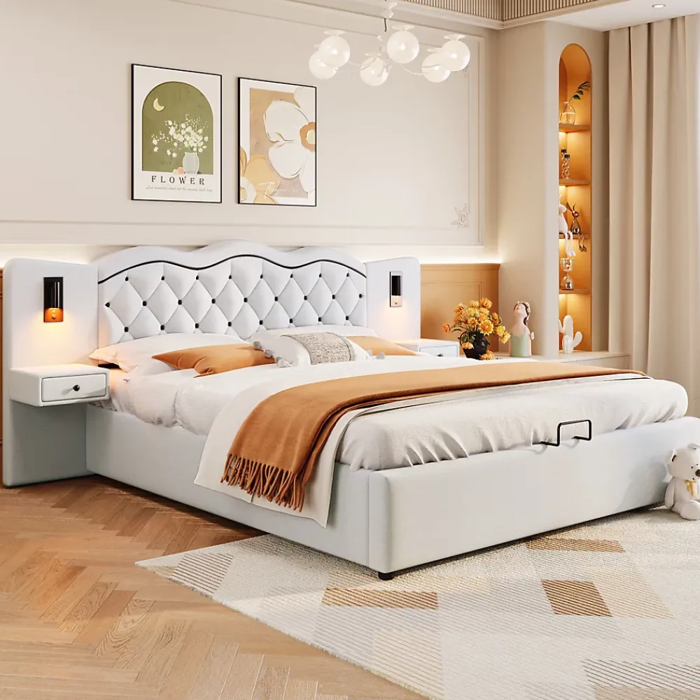 Okwish Lit Coffre 180x200 cm - Lit Double avec Tête de Lit Intégrée et 2 Lampes - Lin - Sans Matelas - Beige* Lit Coffre