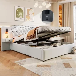 Okwish Lit Coffre 180x200 cm - Lit Double avec Tête de Lit Intégrée et 2 Lampes - Lin - Sans Matelas - Beige* Lit Coffre
