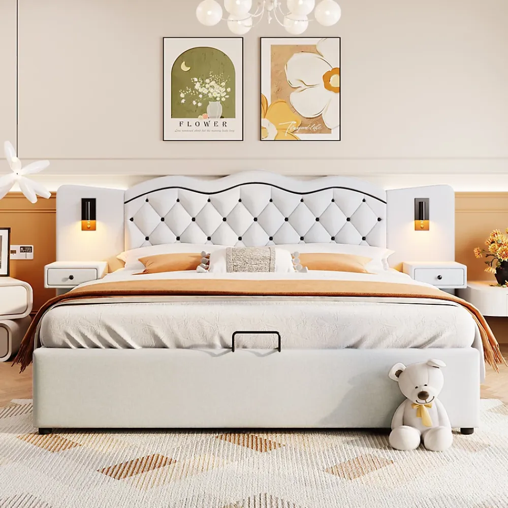 Okwish Lit Coffre 180x200 cm - Lit Double avec Tête de Lit Intégrée et 2 Lampes - Lin - Sans Matelas - Beige* Lit Coffre
