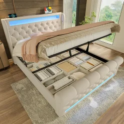 Lit Coffre 140x200 cm - Lit Double avec Éclairage LED et Prises USB/Type-C, en Velours Beige - Sans Matelas><noscript><img data-lazyloaded=