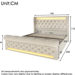 Lit Coffre 140x200 cm - Lit Double avec Éclairage LED et Prises USB/Type-C, en Velours Beige - Sans Matelas><noscript><img data-lazyloaded=