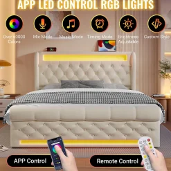 Lit Coffre 140x200 cm - Lit Double avec Éclairage LED et Prises USB/Type-C, en Velours Beige - Sans Matelas><noscript><img data-lazyloaded=
