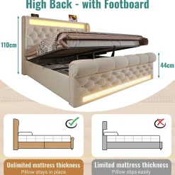 Lit Coffre 140x200 cm - Lit Double avec Éclairage LED et Prises USB/Type-C, en Velours Beige - Sans Matelas><noscript><img data-lazyloaded=