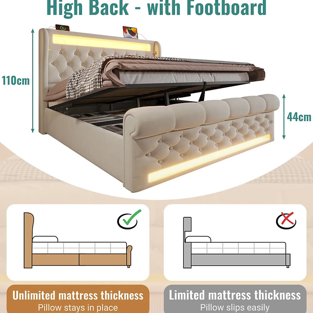 Lit Coffre 140x200 cm - Lit Double avec Éclairage LED et Prises USB/Type-C, en Velours Beige - Sans Matelas>Okwish Hot