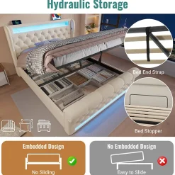 Lit Coffre 140x200 cm - Lit Double avec Éclairage LED et Prises USB/Type-C, en Velours Beige - Sans Matelas><noscript><img data-lazyloaded=