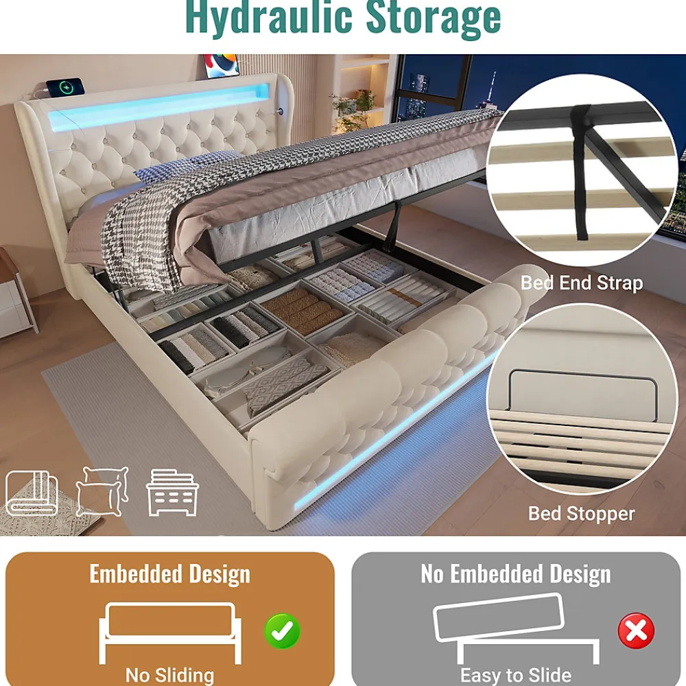 Lit Coffre 140x200 cm - Lit Double avec Éclairage LED et Prises USB/Type-C, en Velours Beige - Sans Matelas>Okwish Hot