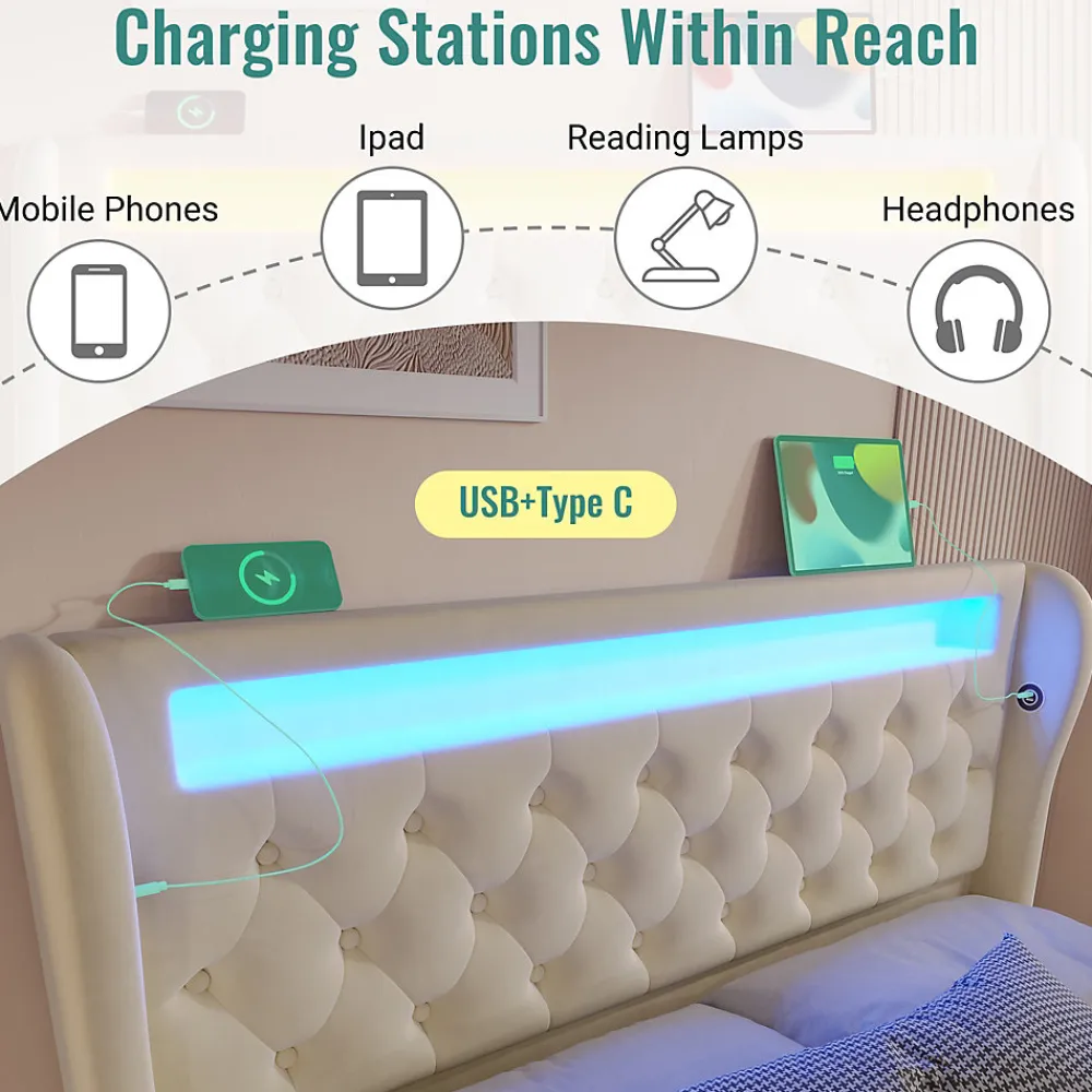 Lit Coffre 140x200 cm - Lit Double avec Éclairage LED et Prises USB/Type-C, en Velours Beige - Sans Matelas>Okwish Hot