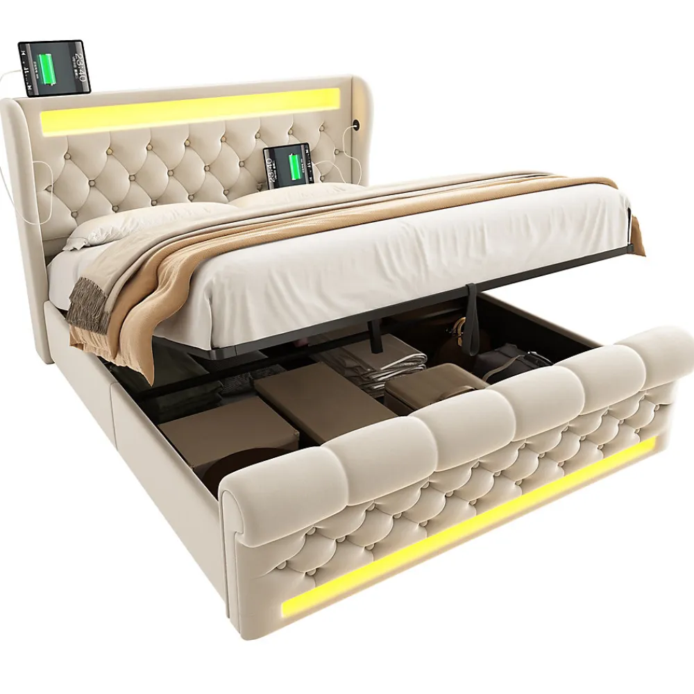Lit Coffre 140x200 cm - Lit Double avec Éclairage LED et Prises USB/Type-C, en Velours Beige - Sans Matelas>Okwish Hot